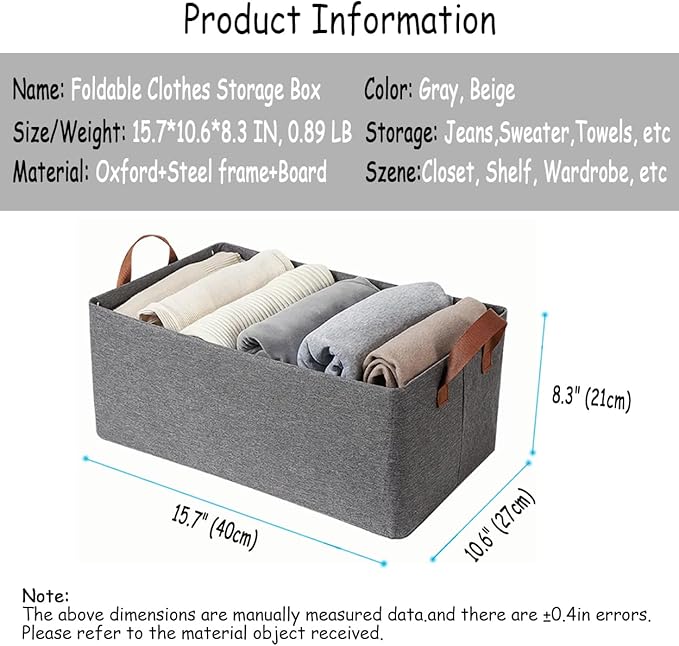 AARAINBOW 4 Pcs Closet Clothes Organizer with Handle, Closet Shelf Fabric Storage Box Steel Frame, Stackable Shelf Storage Baskets Foldable Wardrobe Storage Box for Clothes Toys, 23L (2 Gray 2 Beige)-NeatNest