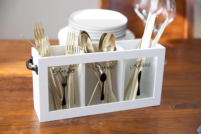 BLU MONACO White Wooden Cutlery & Utensil Caddy – Flatware Organizer Bin for Forks, Spoons, Knives – Perfect for Kitchen Countertop-NeatNest
