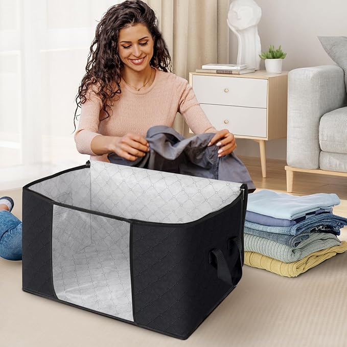 Fab totes 10 Pack Clothes Storage, Foldable Thick Fabric Blanket Storage Bags, Containers for Organizing Bedroom, Closet, Clothing, Comforter,Closet Organization with Handle,Black-NeatNest