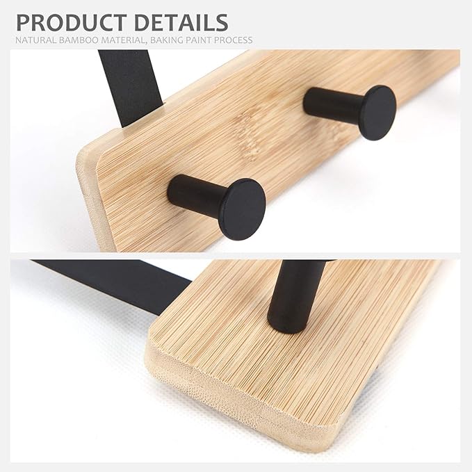 Badiano Over The Door Hook Hanger, Bamboo Coat Rack with 5 Metal Hooks, Wood Clothes Organizer for Coat, Towels, Bags, Robes (Black)