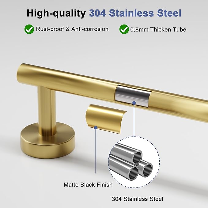 Brushed Gold Towel Bar, 24 Inch Towel Racks for Bathroom Wall Mounted, SUS304 Stainless Steel Bathroom Towel Holder, Total Length 26.4 Inch Towel Bars