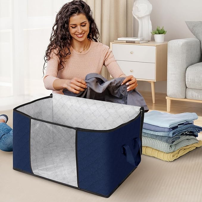 Fab totes 6 Pack Clothes Storage, Foldable Thick Fabric Blanket Storage Bags, Containers for Organizing Bedroom, Closet, Clothing, Comforter,Closet Organization with Handle,Blue-NeatNest