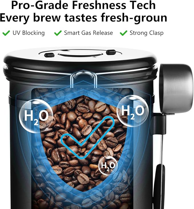 Airtight Coffee Container with CO2 Valve, Holds up to 1.5lb of Beans Stainless Steel Coffee Canister - One-Way Valve Keeps Beans Fresh, Lid, Date Tracker & Scoop, for Coffee Beans Grounds, Tea.