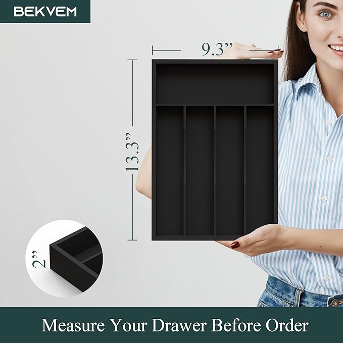 Bamboo Silverware Organizer, Kitchen Drawer Organizer, Utensil Holder, Cutlery Tray & Spoon Flatware Storage with Grooved Drawer Dividers ((5 Slots, Black)-NeatNest