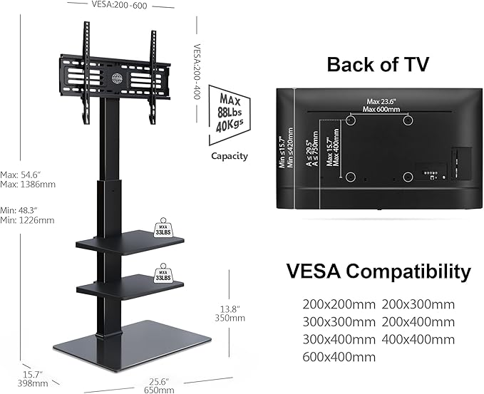 FITUEYES Swivel Floor TV Stand with Mount for TVs 37 43 50 55 60 65 70 75 Inch LCD LED Flat/Curved Screens Universal Swivel Televisions TV Mount Stand for Bedroom Living Room Black Tempered Glass Base-NeatNest