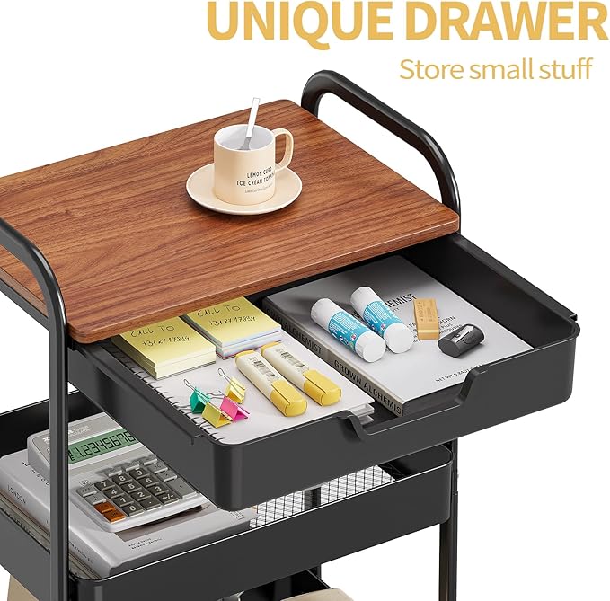 TOOLF 3-Tier Utility Rolling Cart with Wooden Board and Drawer, Metal Storage Cart with Handle, Black Trolley Kitchen Organizer Rolling Desk with Locking Wheels for Office, Classroom, Home, Bedroom-NeatNest