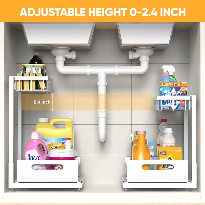 2 Pack Under Sink Organizer Storage 2-Tier Premium Metal Pull-Out Racks, Height Adjustable, Easy Installation | Kitchen & Bathroom Organizers White-NeatNest