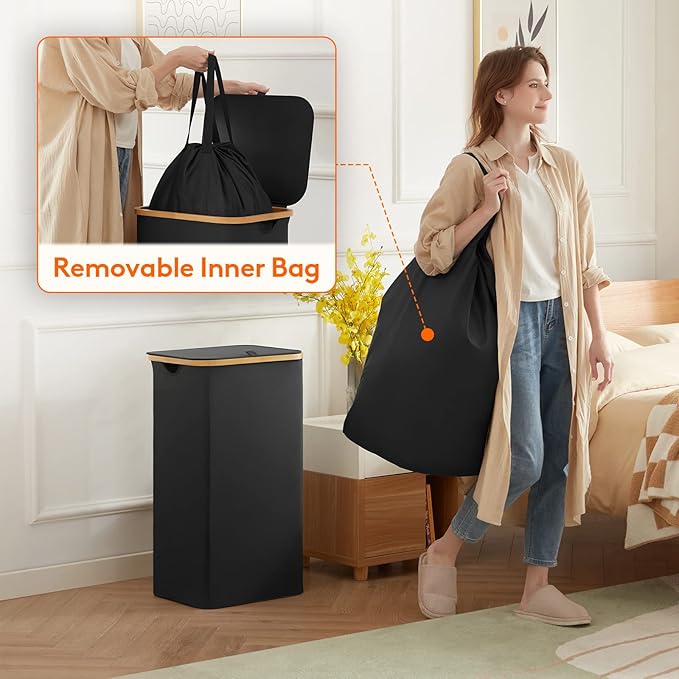 Lifewit 100L Laundry Basket with Lid, Clothes Hampers for Laundry with Bamboo Handles and A Removable Laundry Bag, Large Foldable Laundry Hamper for Bedroom, Bathroom, Dorm, Black, 2 Pack-NeatNest