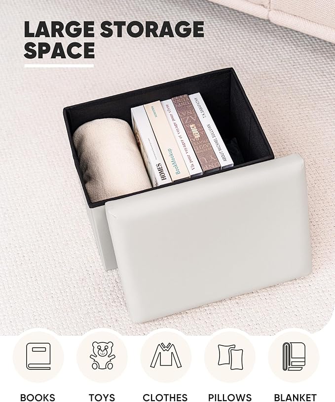 B FSOBEIIALEO Folding Storage Ottoman Cube Faux Leather Ottomans for Living Room, Bedroom, Home Office, Dorm Storage Footrest White 16.5"x12.6"x12.6"
