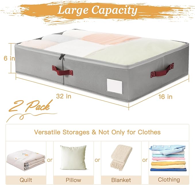 Criusia Under Bed Storage Bins with Clear PVC Lids – 2 Pack Large Underbed Organizers with Heavy-Duty Handles, Reinforced with 800G PP Panels & 80G Non-Woven Fabric – Waterproof & Foldable, Gery-NeatNest