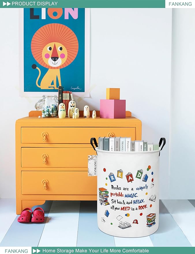 FANKANG Storage Basket, Nursery Hamper Canvas Laundry Basket Foldable with Waterproof PE Coating Large Storage Baskets for Kids Boys and Girls, Office, Bedroom, Clothes,Toys(Reading)