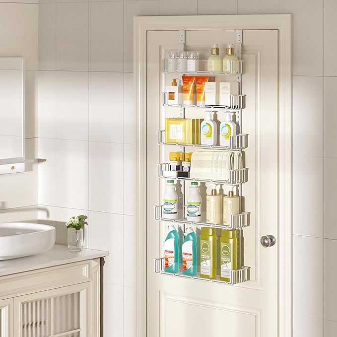 Delamu Adjustable Over the Door Pantry Organizer with Clear Acrylic Panel, 6-Tier Pantry Organization and Storage for Kitchen, Hanging Spice Rack Seasoning Shelves for Cabinet, Easy Install, White-NeatNest