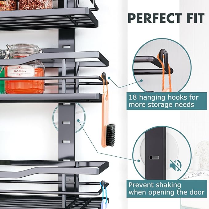 Over The Door Pantry Organizer,6-Tier Over The Door Organizer with Adjustable Basket,Metal Hanging Pantry Organizers and Storage for Kitchen, Back of Door Seasoning Rack (Black)