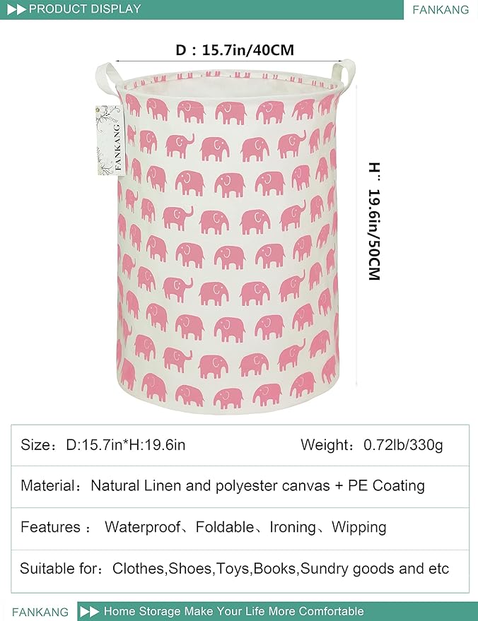 FANKANG Storage Basket, Nursery Hamper Canvas Laundry Basket Foldable with Waterproof PE Coating Large Storage Baskets for Kids Boys and Girls, Office, Bedroom, Clothes,Toys(Pink Elephant)