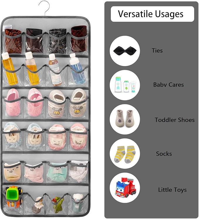Dual-sided Hanging Baby Shoes Organizer Closet Toddler Shoe Storage Holder for Kids Bow Socks Underwear (GREY)-NeatNest