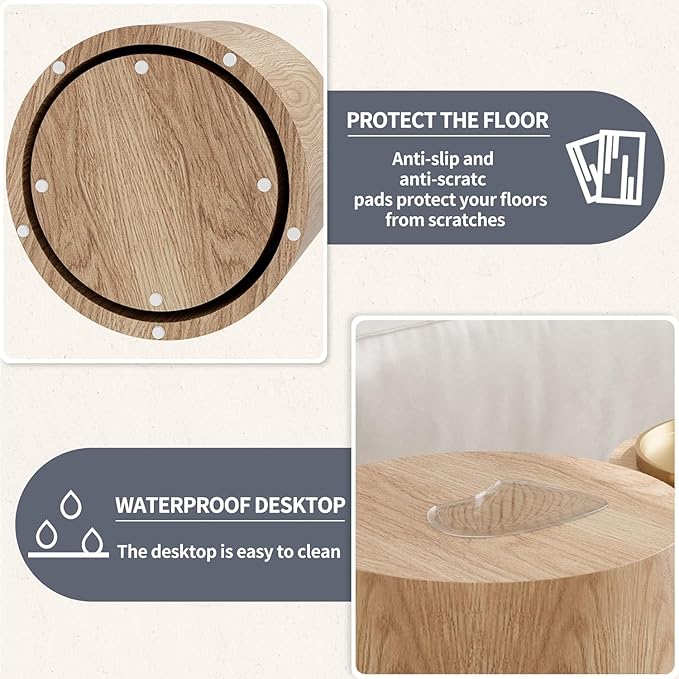 Small Round Coffee Table Nesting End Table Set of 2, Wood Side Circle Accent Tables for Small Spaces Living Room Bedroom Balcony Office, Oak