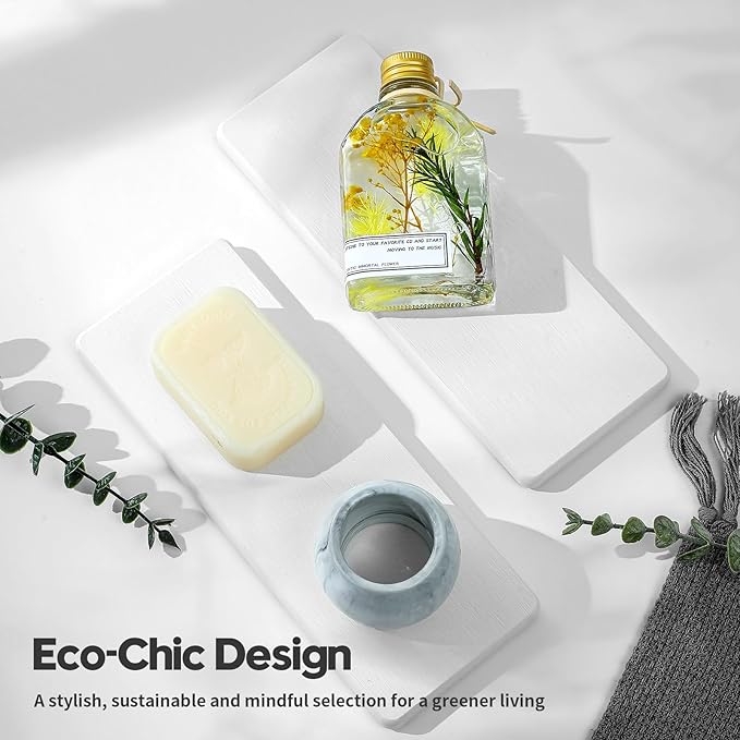 2PCS Bathroom Sink Trays, Water Absorbing Diatomite Stone Quick Drying Mat for Kitchen Counter, Dish Rack Soap Dispenser Sponge Holder Caddy Vanity Organizer, White, 9"x3.5"-NeatNest