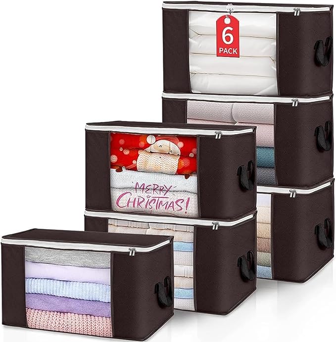 Budding Joy Clothes Storage, Foldable Large Storage Bags, Storage and Organization for Clothing, Blanket, Comforter, Clothes, Pillows, Closet Organizers with Enhanced Handle, 60L 6 Pack Brown-NeatNest