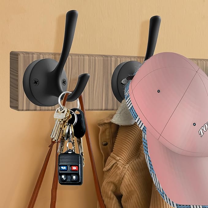 Black Towel Hooks, 2 Pack Coat Robe Hook Heavy Duty Metal Double Bathrobe Hook Wall Mounted, Hand Towels Hooks for Cubicle Bathroom Kitchen Closet Garage-NeatNest