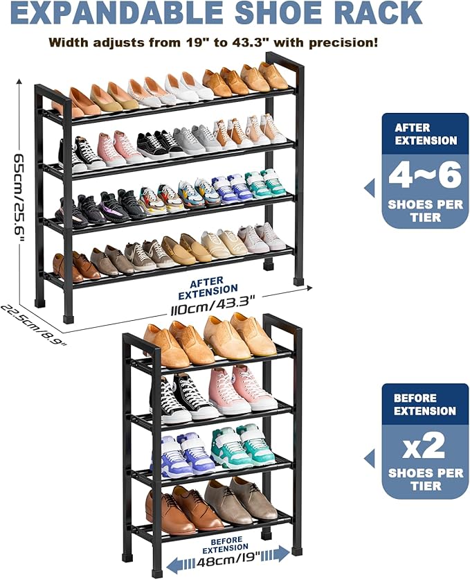 Mavivegue Expandable Shoe Rack, 4-Tier 19"-43.3" Adjustable Shoe Rack for Closet,Hall Entryway,Front Door,Garage, Sturdy Steel Space-Saving Rack, Black-NeatNest