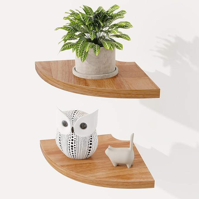 Fun Memories Corner Shelf Wall Mount Set of 2 - Solid Oak Wood Floating Corner Shelf with Cable Hole, 7in Rustic Design for Bedroom, Living Room, Kitchen (Natural)-NeatNest