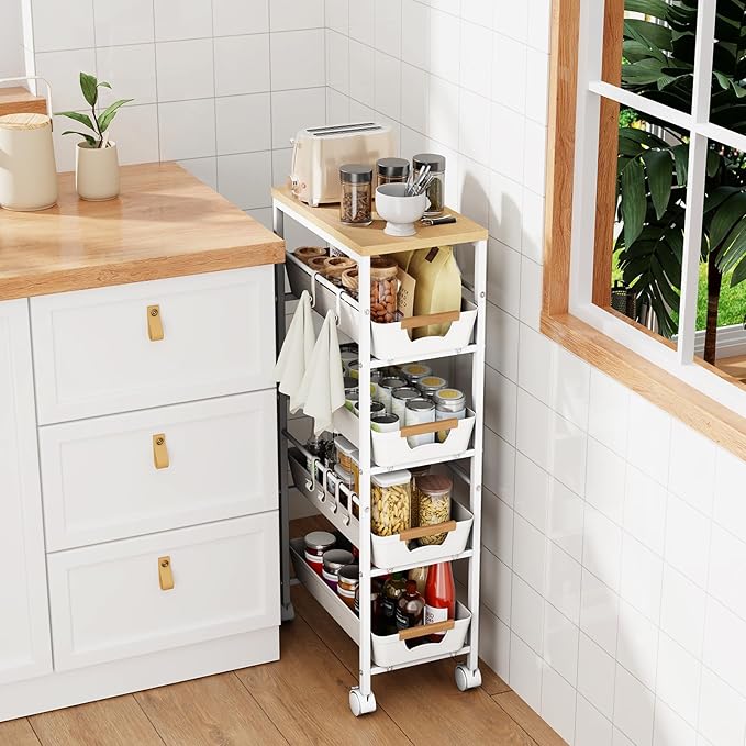 5-Tier Slim Storage Cart, Wooden Top Rolling Kitchen Cart with Pull-Out Baskets & Wheels, Narrow Space Utility Cart Slide Out Organizer for Kitchen, Bathroom, Laundry Room, White