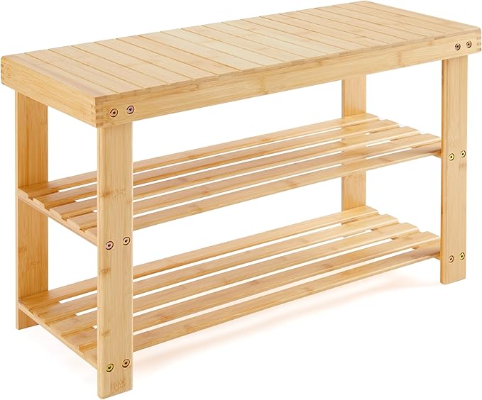 Simple Deluxe Shoe Rack Bench, 3-Tier Bamboo Storage Organizer, 286lb Capacity Entryway Bench for Front Door, Bedroom, Living Room, Bathroom, Balcony, Stylish Shoes Wood (11.3 x 27.6 x 17.8 Inches)