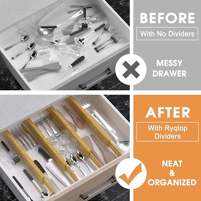 Bamboo Drawer Dividers Organizers, Kitchen Drawer Organizer, Adjustable Drawer Divider for Clothes, Kitchen, Dresser, Bedroom, Bathroom and Office, 4-Pack (Natural, 12-17 IN)-NeatNest