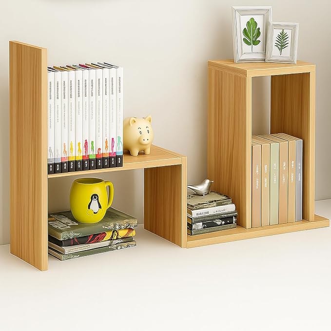 Desktop Shelf Organizer, Adjustable Wood Office Storage Rack, Counter Display Small Bookshelf for Home/Office/School(Light Walnut)-NeatNest