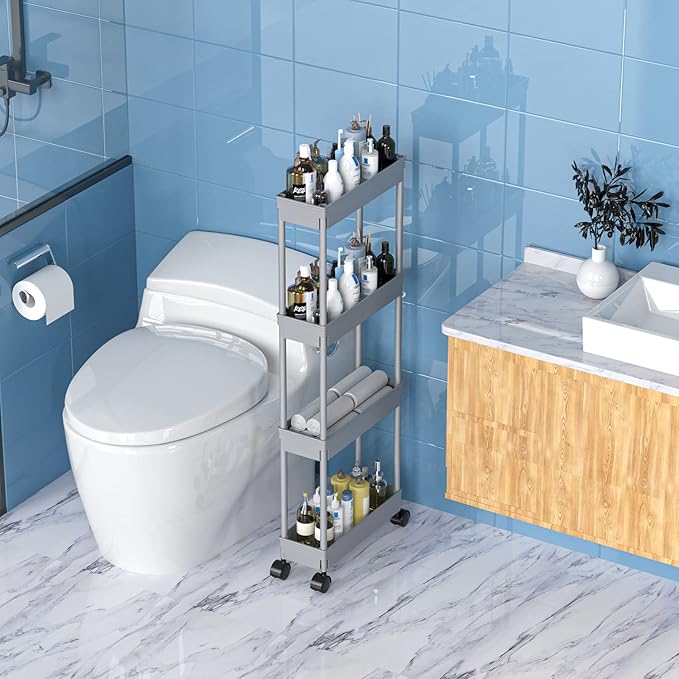 Sooyee 4 Tier Slim Storage Cart,Rolling Storage Cart,Narrow Shelf,Bathroom Rack,Mobile Shelving Unit Organizer for Kitchen, Bathroom, Laundry Room, Grey