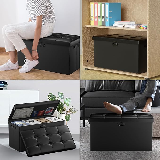 DocSafe Storage Ottoman Bench with Lock,Fireproof 30 Inches Folding Bench Foot Rest Stool Storage Chest Safe for Living Room,Bedroom,Home Office,Waterproof Leather Ottoman with Handles,Black-NeatNest