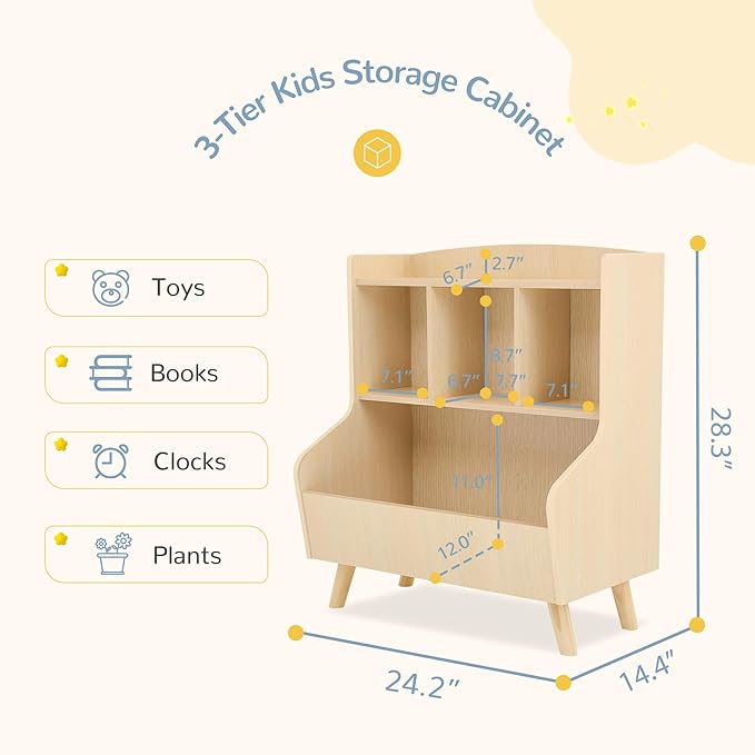 Curipeer Kids Bookshelf and Toy Storage, 3-Tier Wooden Bookcase, Baby Book and Toy Storage Display Organizer with Spacious Top Shelf for Children, Friends, Family, Natural Wood Color-NeatNest