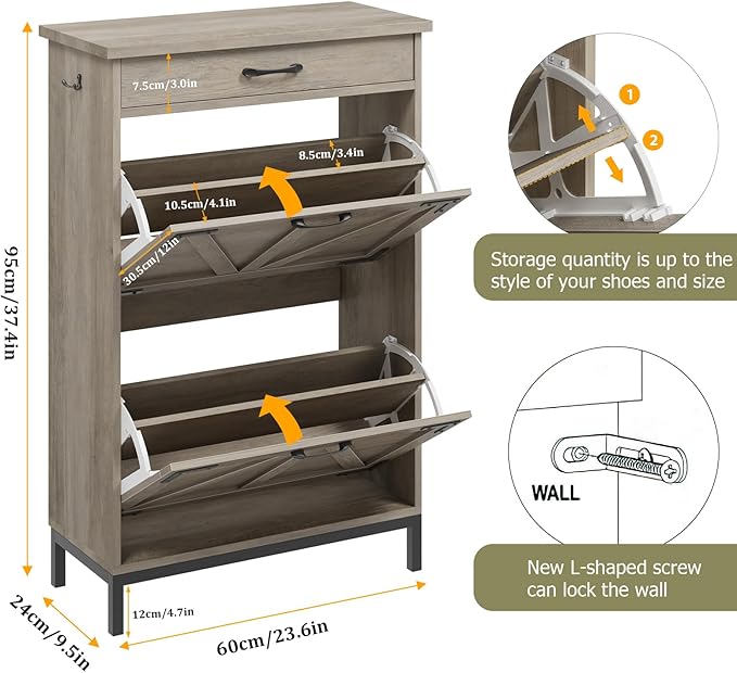 Shoe Storage Cabinet with 2 Flip Drawers, Narrow Shoe Cabinet for Entryway with 1 Top Drawer, Freestanding Hidden Shoe Rack Cabinet with Metal Legs for Foyer, Hallway (Grey)-NeatNest