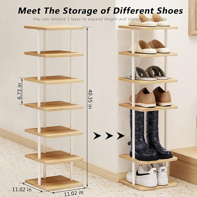 AZERPIAN Shoe Rack 7 Tier Vertical Storage Organizer Narrow Metal Slim Shelf Modern Free Standing Shoe Tower Saving Space for Closet Entryway Bedroom,White-NeatNest