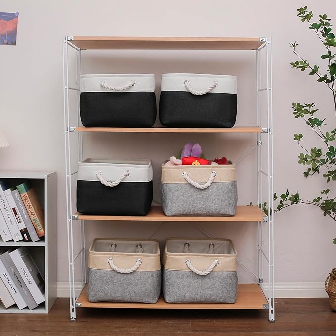 Fabric Storage Basket Set of 3, Foldable Linen Storage Box for Nursery and Home, Collapsible Canvas Shelf Basket for Wardrobe or Bedroom, Grey and Beige
