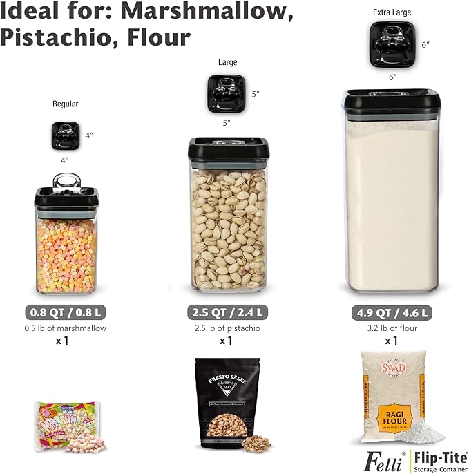 Felli Flip Tite Storage Container with Lid 6" XL Air Tight Ring Lock Top, Clear Acrylic Canister Set for Kitchen, Pet Cat Dog Food Treats, 5 lb Flour Sugar Pantry Organizer (Nest-L, Black)-NeatNest