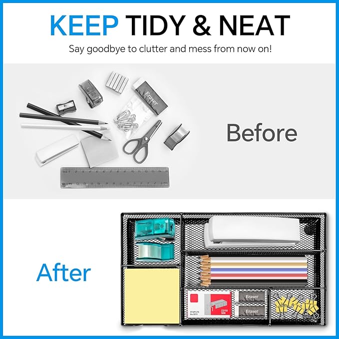 Desk Drawer Organizer, Office Drawer Divider Organizer Tray with 6 Compartments, Metal Mesh Desktop Organization and Accessories for Stationery Makeup Kitchen Toolroom School & Office, 11x6.1x1.38 in-NeatNest