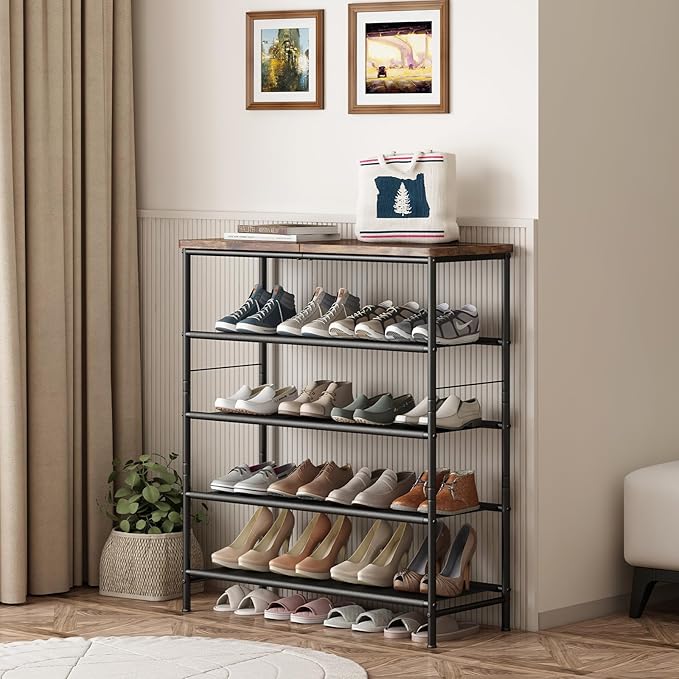 Shoe Rack Organizer 5 Tier Metal Organizer Shelf with Industrial MDF Board and Layer Fabric for Entryway Closet Bedroom Living Room Garage,Black & Rustic Brown (Black+Rustic Brown, 5 Tier)-NeatNest