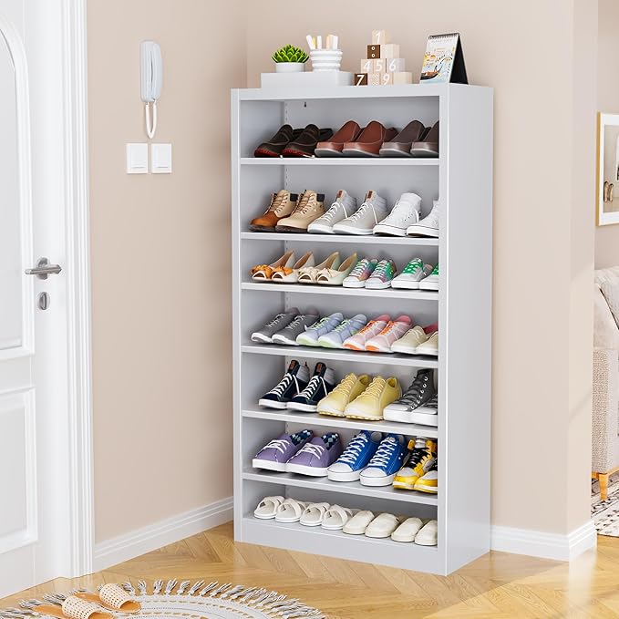 Shoe Cabinet,7 Tiers Heavy Duty Metal Freestanding Shoe Rack,55" Tall Shoe Cabinet with Open Storage for Entryway (White, 7 Tier-55 H*27.6" W*11.8" D)-NeatNest