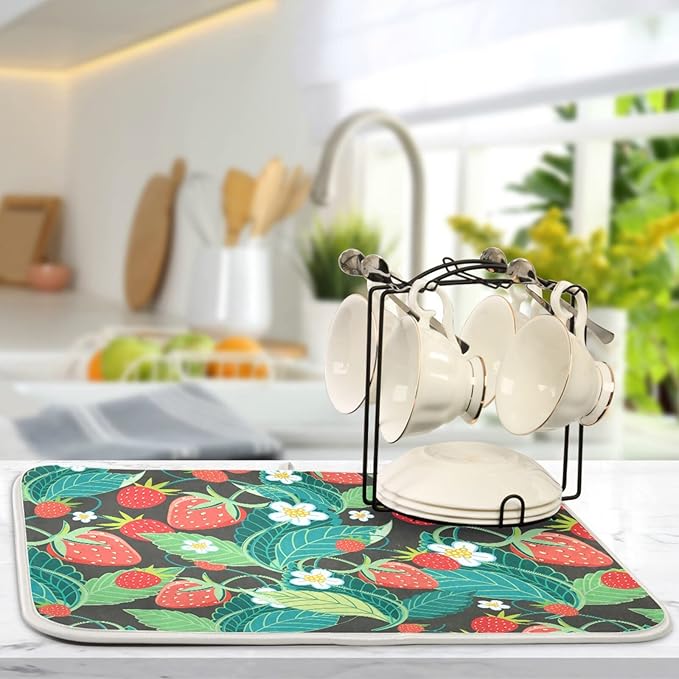 Absorbent Dish Drying Mat for Kitchen Counter - Strawberry Leaves Microfiber Drying Pad, Reversible Drainer Mats for Countertop, Large 18" x 24"