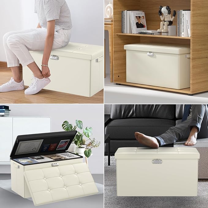 DocSafe Storage Ottoman Bench with Lock,Fireproof 30 Inches Folding Bench Foot Rest Stool Storage Chest Safe for Living Room,Bedroom,Home Office,Waterproof Leather Ottoman with Handles,Beige-NeatNest