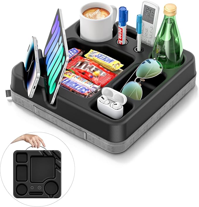 Couch Cup Holder Tray Couch Cup Holder Pillow Bed Tray Snack Sofa Bed Caddy Organizer Beach Sofa Drink Holder Anti-Spill Portable Snack Caddy Couch Remote Holder for Phone Pad Kindle Beverage Black-NeatNest