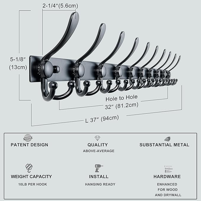 Dseap MaxStrong 2.0 Coat Rack Wall - 37” Long 10 Tri Hooks - Ultra Heavy-Duty Stainless Steel Wall Mount Coat Hanger, Hook Rail for Clothes Hats Jacket Towels Black