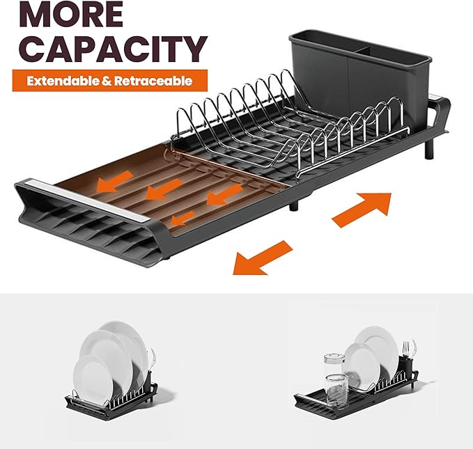 Dish Drying Rack, Expandable Kitchen Dish Racks for Kitchen Counter with Inclined Sloped Drain, Removable Stainless Steel Plate Rack & Utensil Holder, Collapsible Dish Drainer Grey, 11-19 in