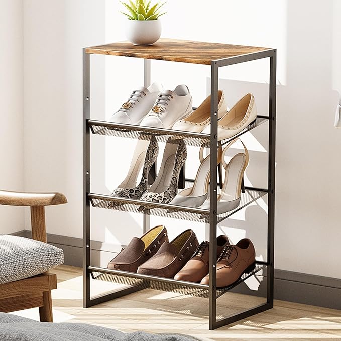 Garden 4 you 4 Tiers Narrow Shoe Rack,Small Space Freestanding Shoe Storage Organizer with Brown Wooden Tabletop,Adjustable Metal Shelf Stackable Shoe Shelf for Entryway Hallway Living Room Closet-NeatNest