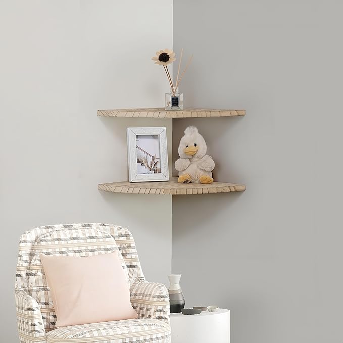 Corner Wall Shelves Set of 2, Rustic Wood Corner Floating Shelves with Cable Raceway, Wall Mount Storage Display for TV Accessories, Baby Monitor (Carbonized, Fan-shaped-10 Inch)-NeatNest