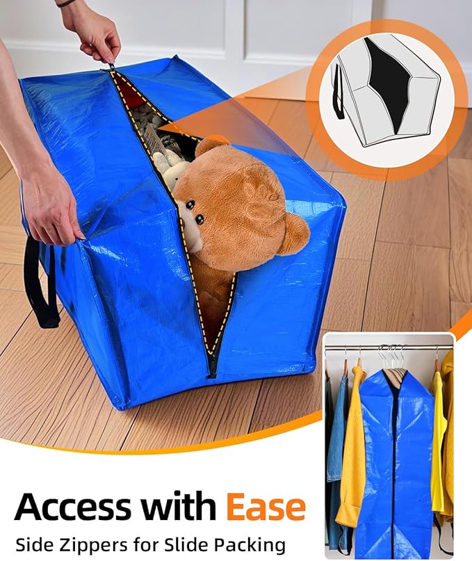 12 Pack Extra Large Moving Bags, Heavy Duty Packing Bags with Zippers and Handles for Space Saving, Clothes Storage, College Essentials, Travel, Blue