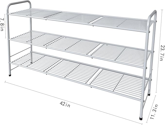 3-Tier Long Metal Shoe Rack,Extra Large Capacity Adjustable Stackable Shoe Organizer Shelf for Closet Entryway,Silver 42" W × 24.5" H-NeatNest