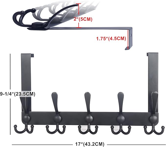 Dseap Over The Door Hook Hanger - 5 Tri Hooks, Heavy Duty Over The Door Towel Rack Coat Rack for Clothes Hat Towel, Black