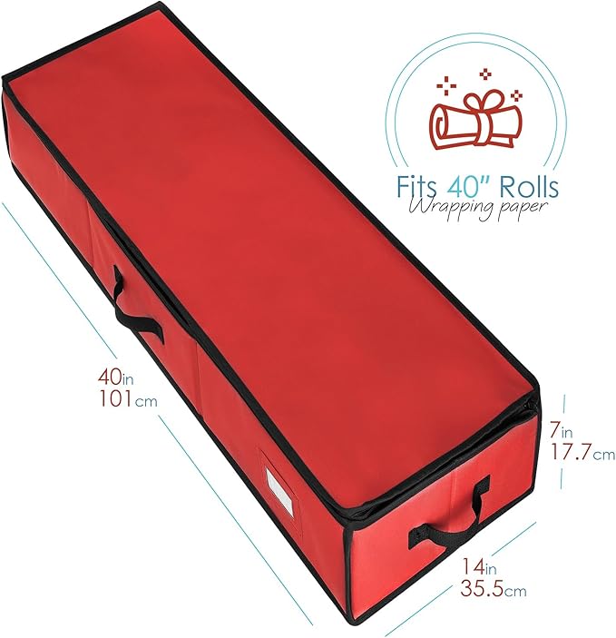 Hearth & Harbor Wrapping Paper Storage Container - Christmas Storage Bag with Ribbon Dispenser and Interior Pockets - Gift Wrap Organizer Fits Up to 26 Rolls of 40" Length, Red-NeatNest
